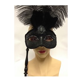 Black Eyemask With Feathers And Sequins On A Stick